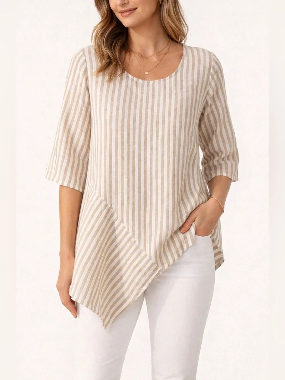 For Cynthia Linen Blend Striped Asymmetrical Tunic Top Beige White L